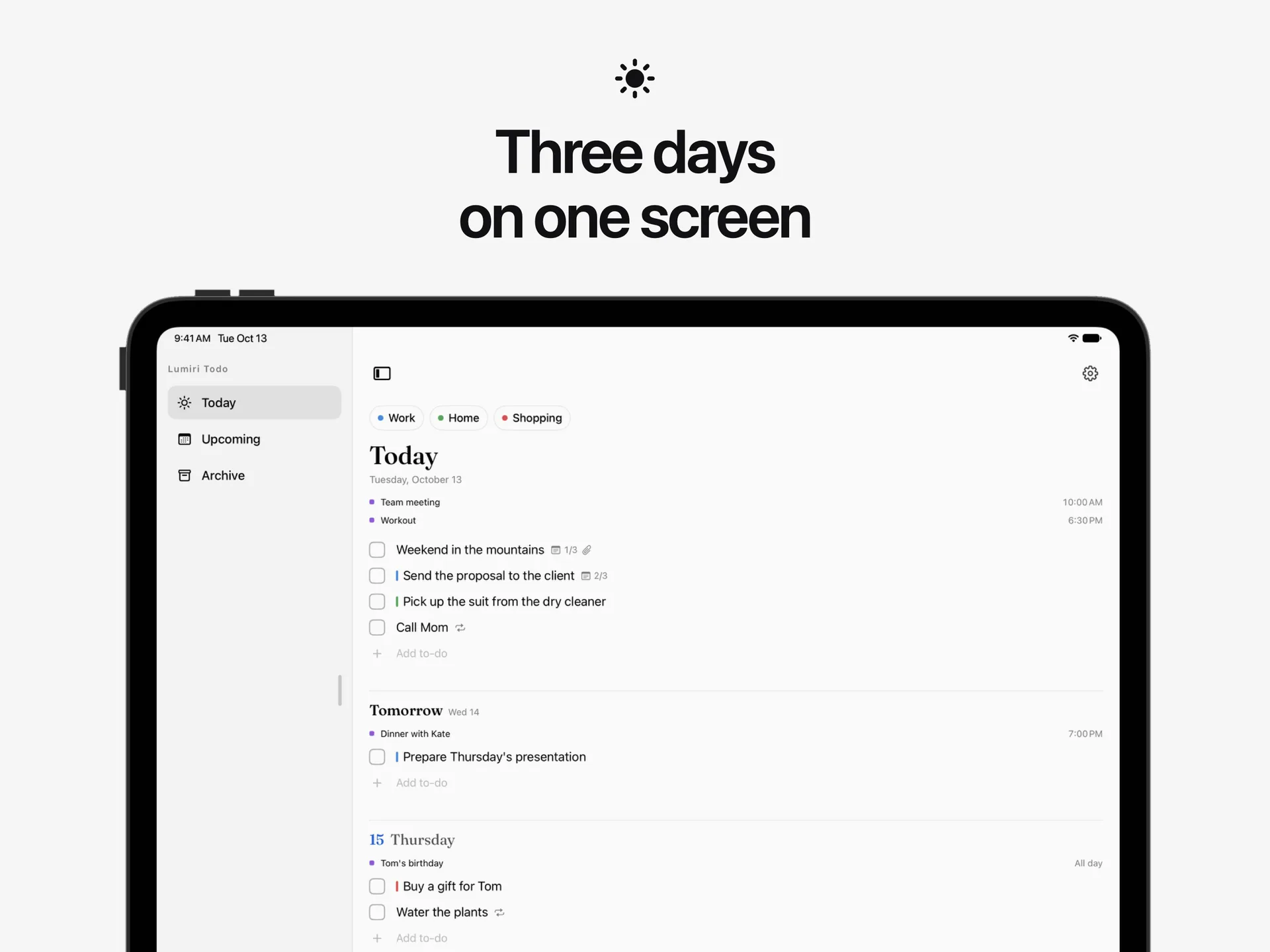 The Today list in Lumiri Todo on an iPad, showing today, tomorrow and Thursday on one screen