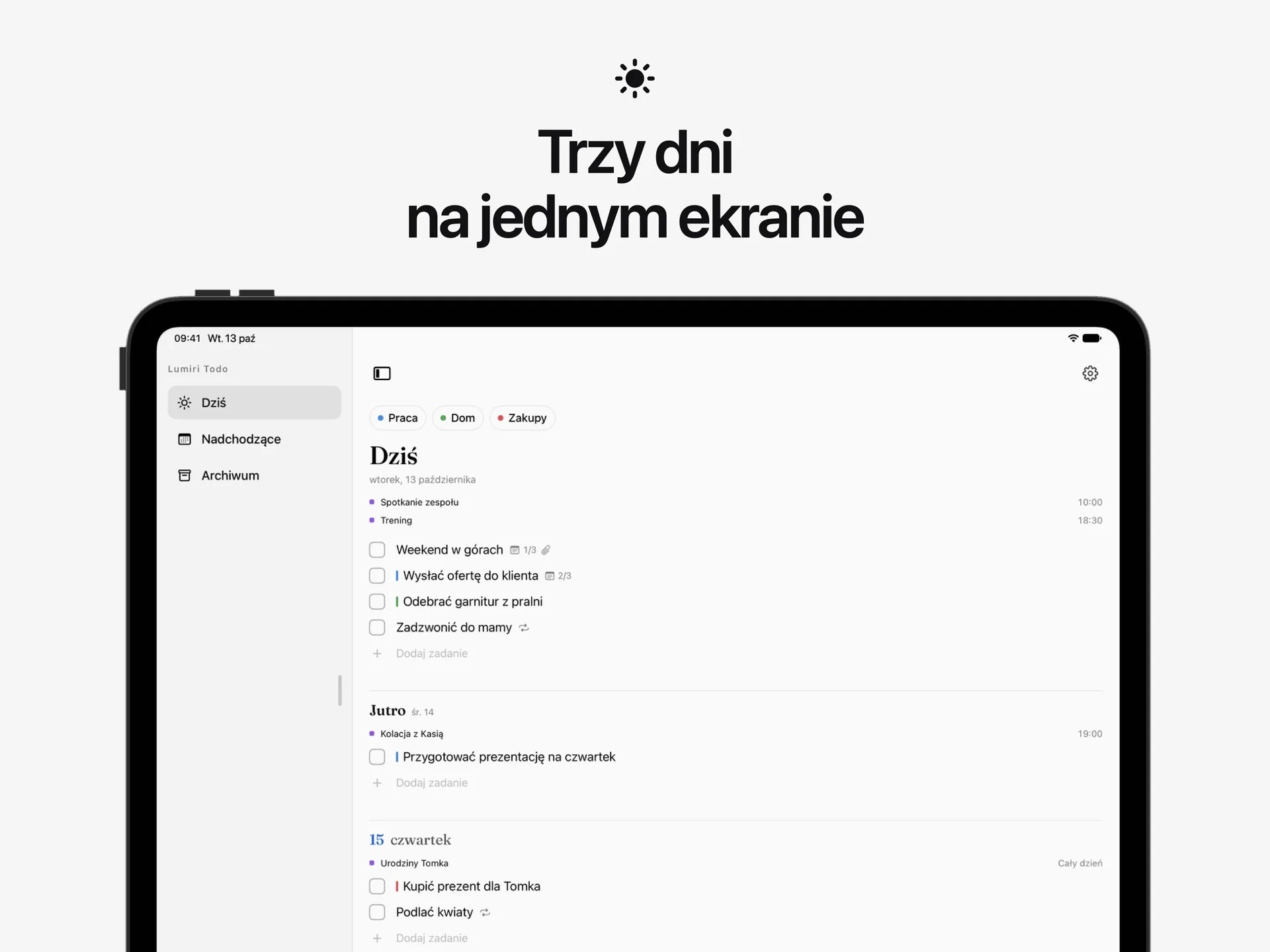 Lista Dziś w Lumiri Todo na iPadzie, z dzisiejszym dniem, jutrem i czwartkiem na jednym ekranie