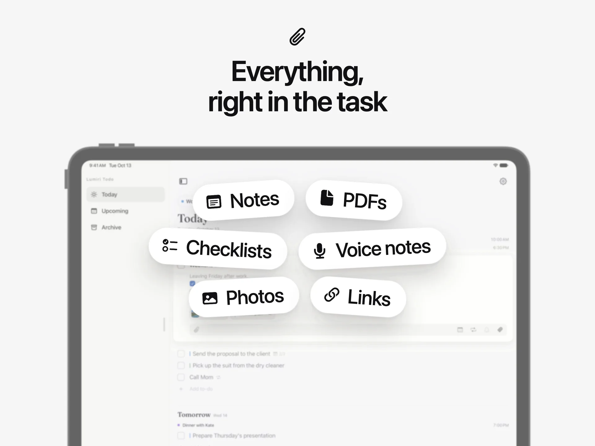 What a task in Lumiri Todo on an iPad can hold: notes, checklists, photos, PDFs, voice notes, links and reminders