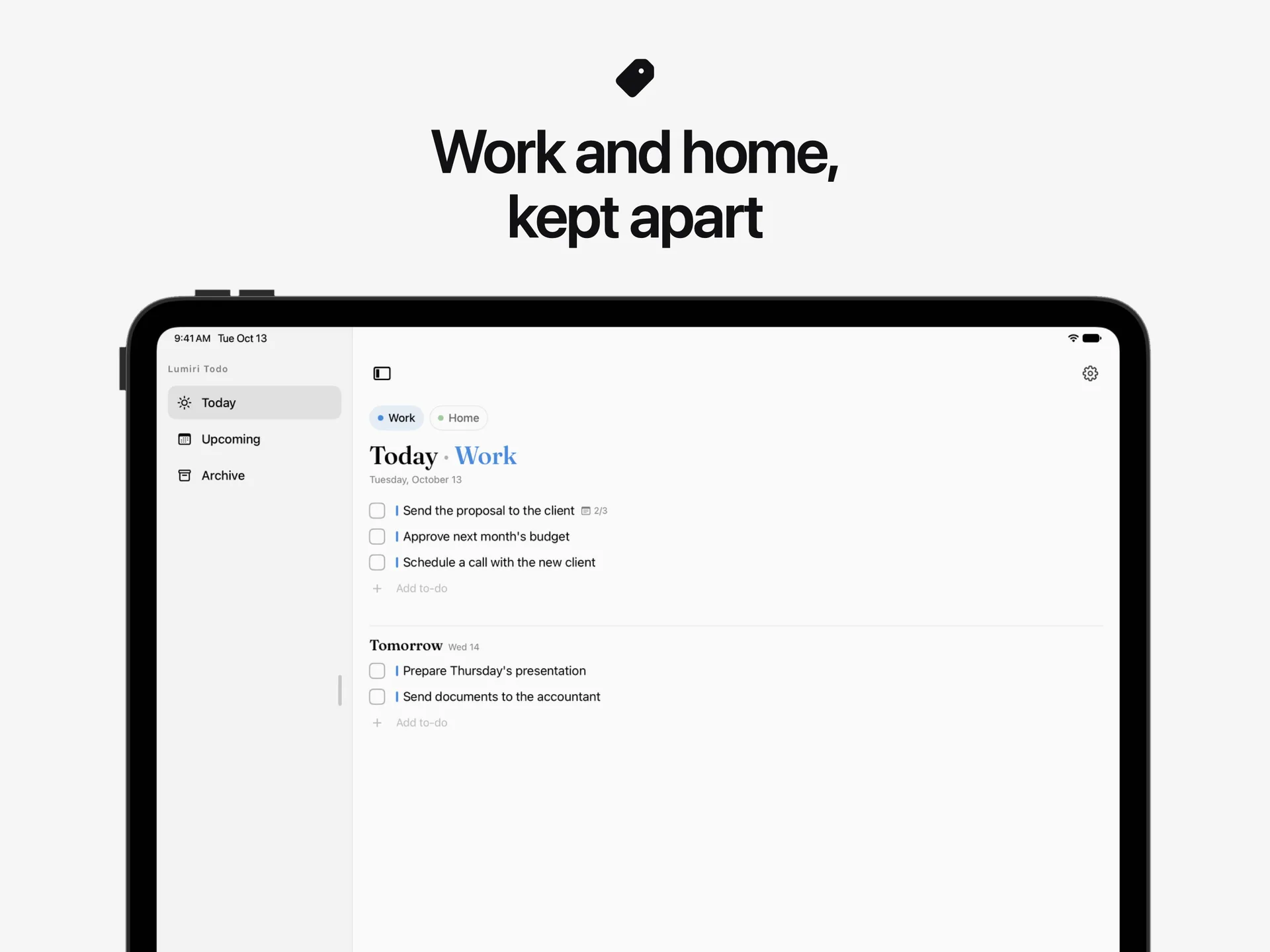 The Today list in Lumiri Todo on an iPad narrowed to the Work category