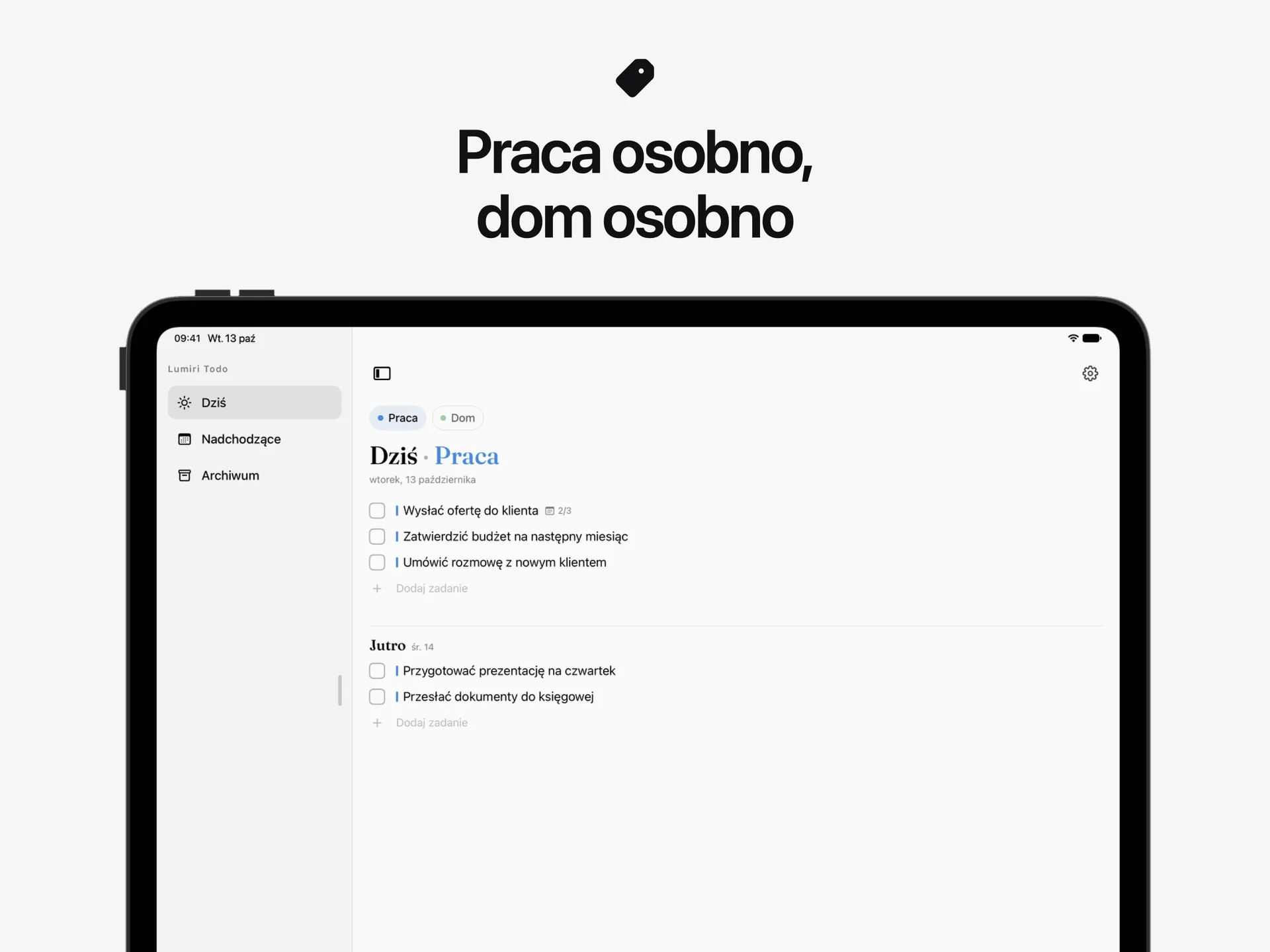 Lista Dziś w Lumiri Todo na iPadzie zawężona do kategorii Praca