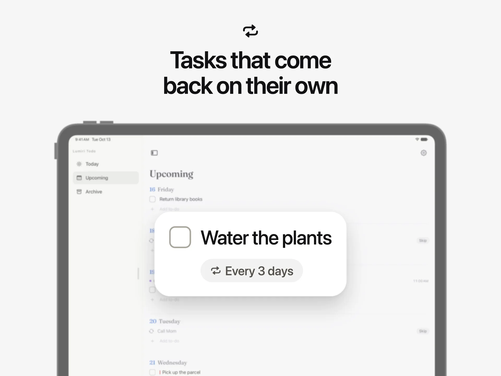 A repeating task in Lumiri Todo on an iPad, Water the plants, set to every 3 days with a reminder at 9:00 AM