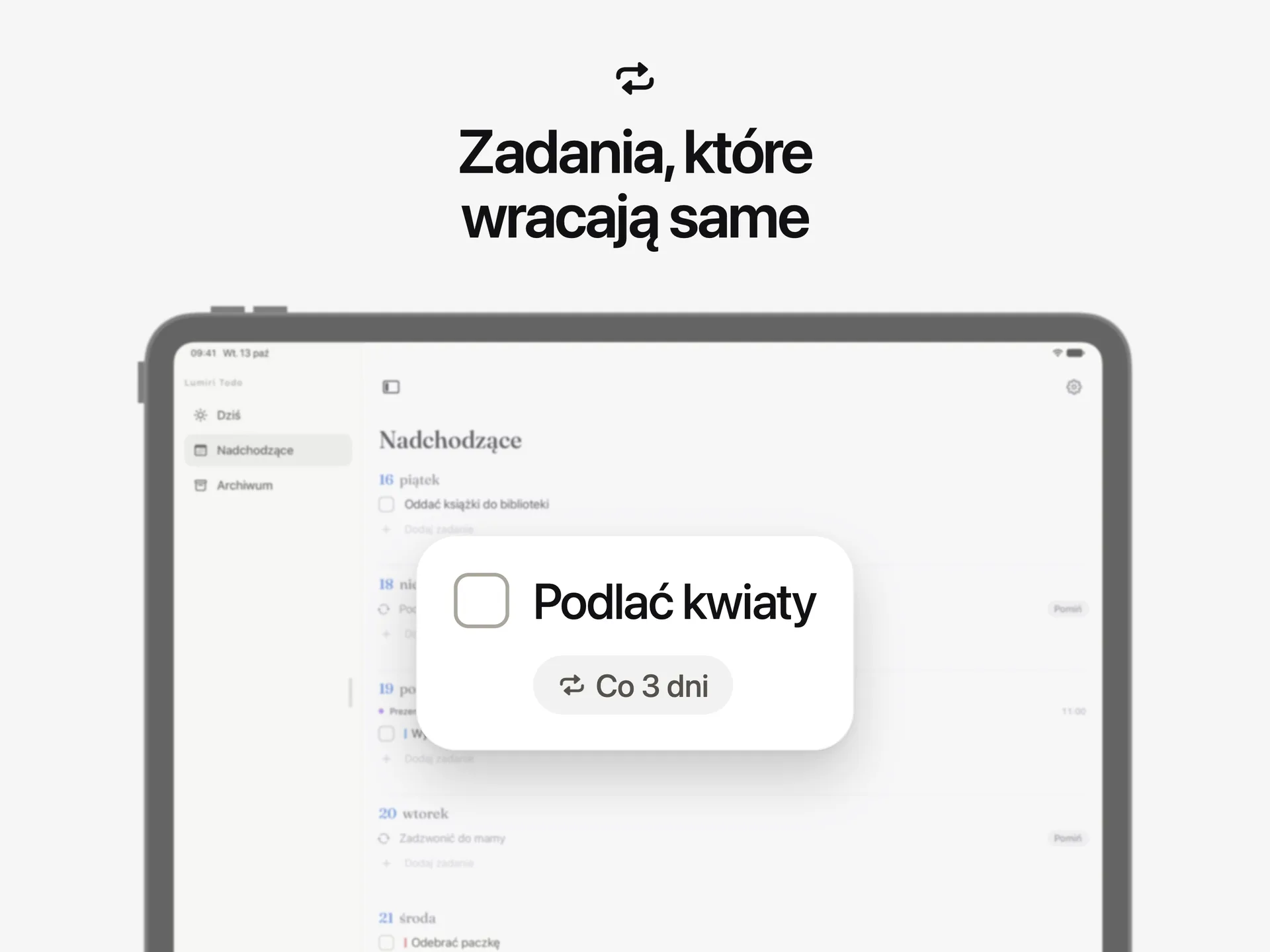 Powtarzane zadanie w Lumiri Todo na iPadzie, Podlać kwiaty, ustawione co 3 dni z przypomnieniem o 9:00