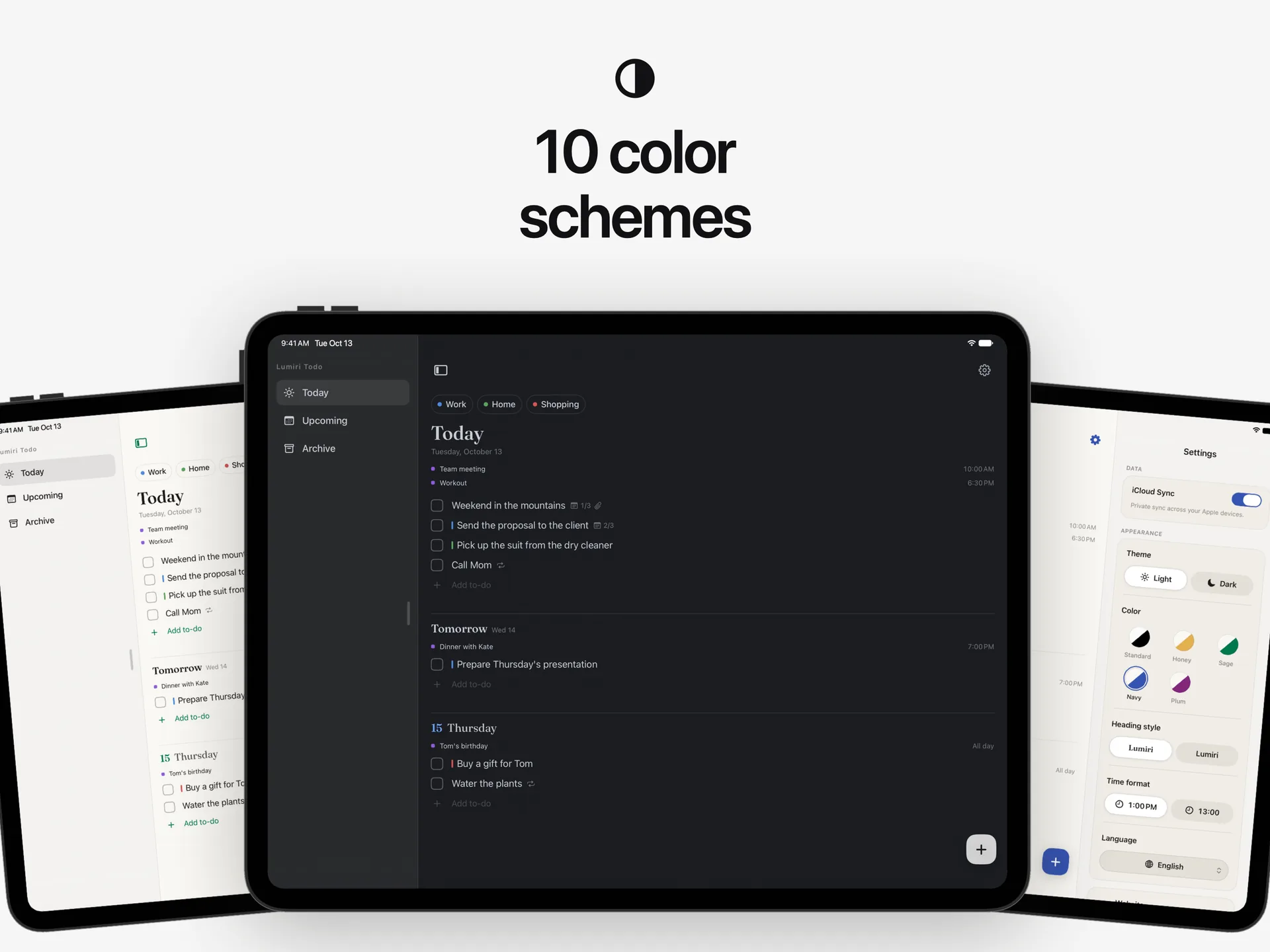 Lumiri Todo on an iPad in three of its ten styles, light and dark