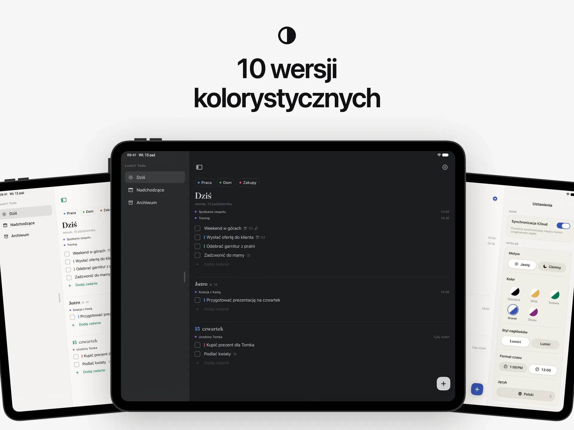 Lumiri Todo na iPadzie w trzech z dziesięciu stylów, jasnych i ciemnych