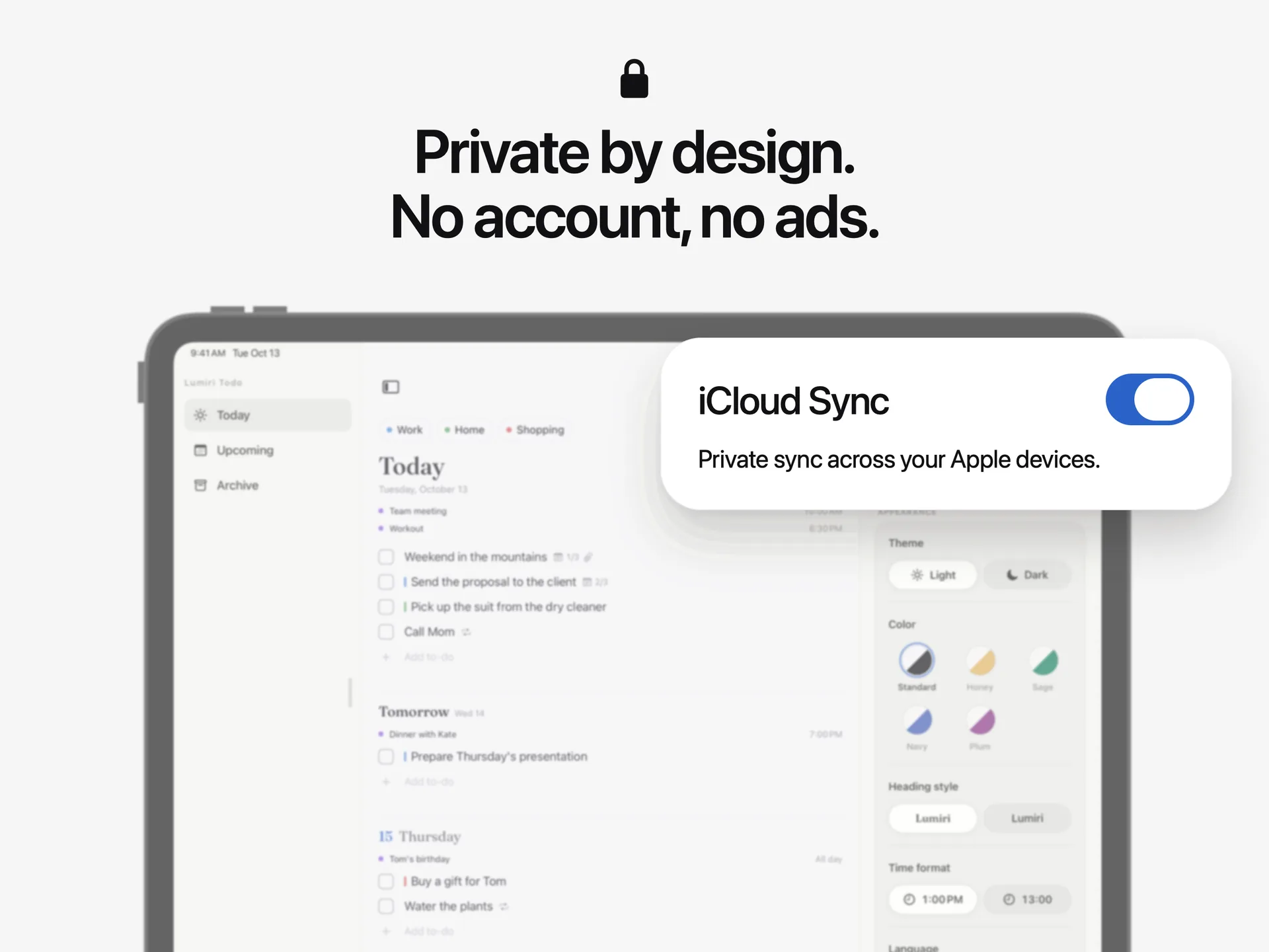 The iCloud Sync switch in Lumiri Todo’s settings on an iPad: private sync across your Apple devices