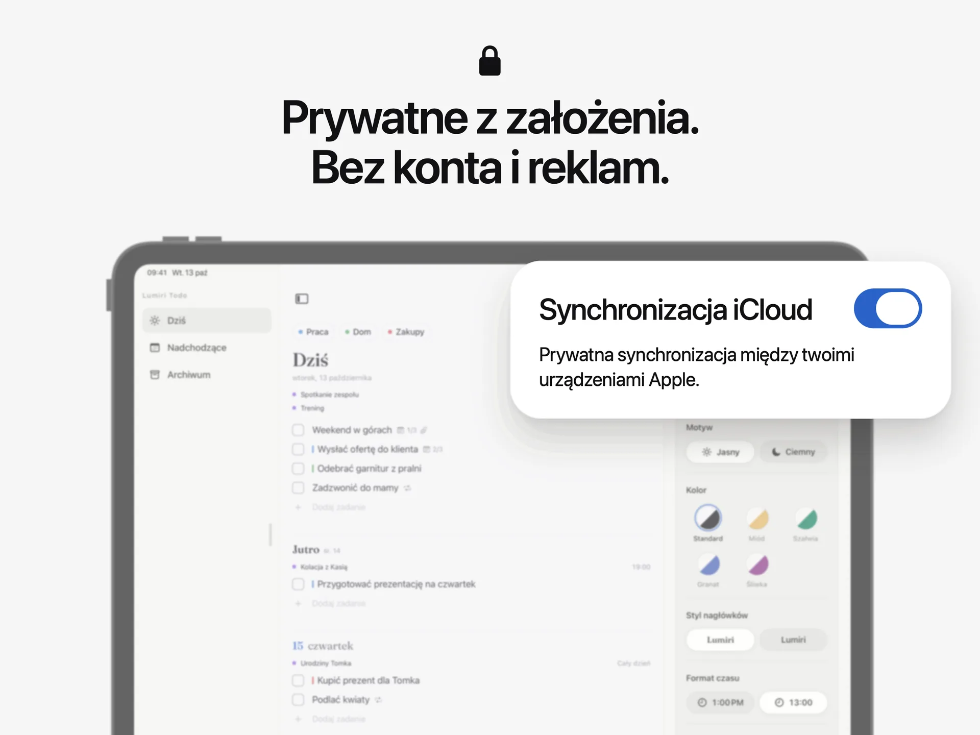 Przełącznik Synchronizacja iCloud w ustawieniach Lumiri Todo na iPadzie: prywatna synchronizacja między Twoimi urządzeniami Apple