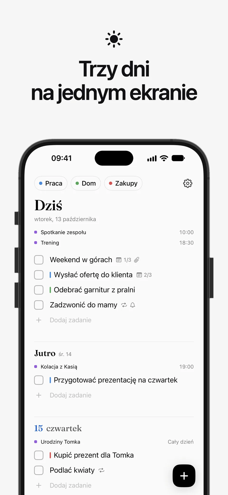 Lista Dziś w Lumiri Todo, z dzisiejszym dniem, jutrem i czwartkiem na jednym ekranie
