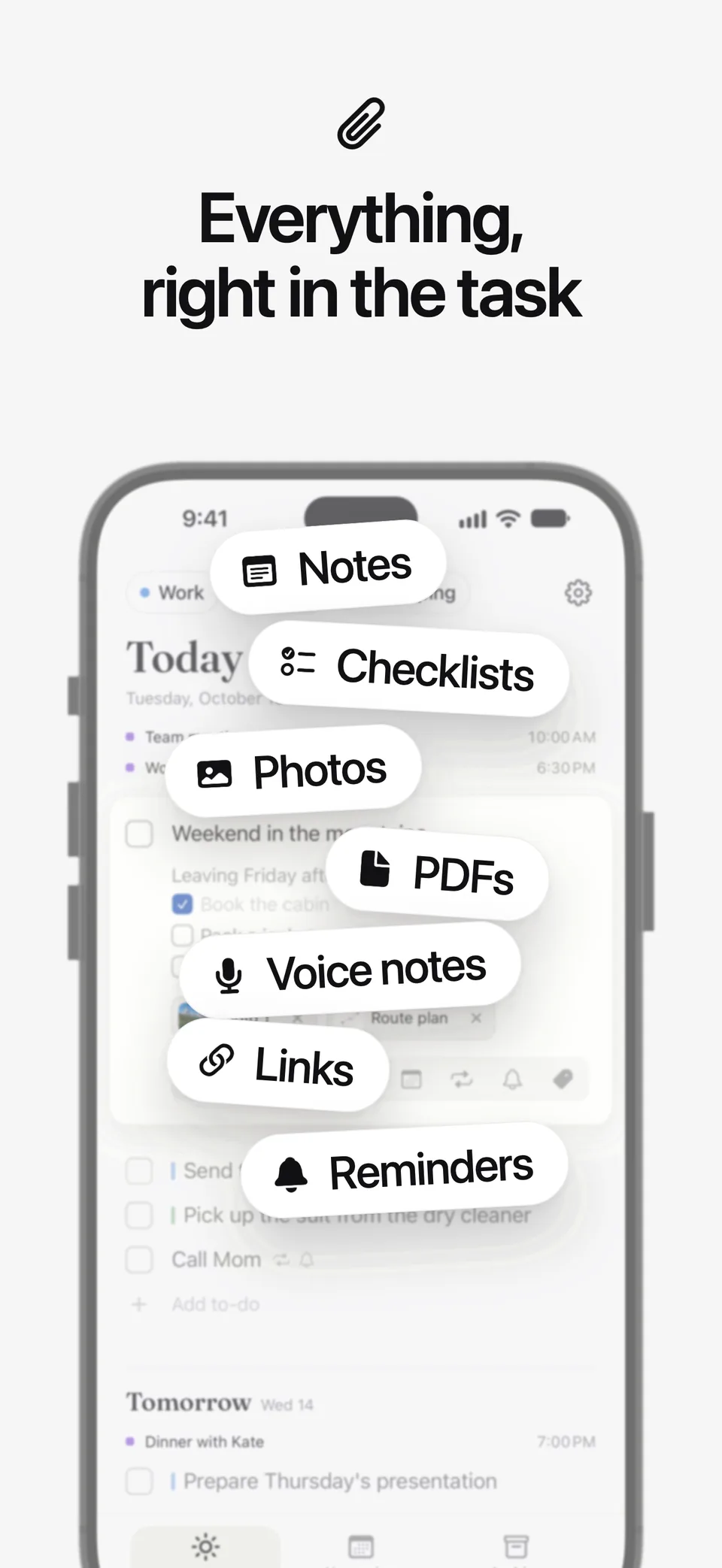 What a task in Lumiri Todo can hold: notes, checklists, photos, PDFs, voice notes, links and reminders