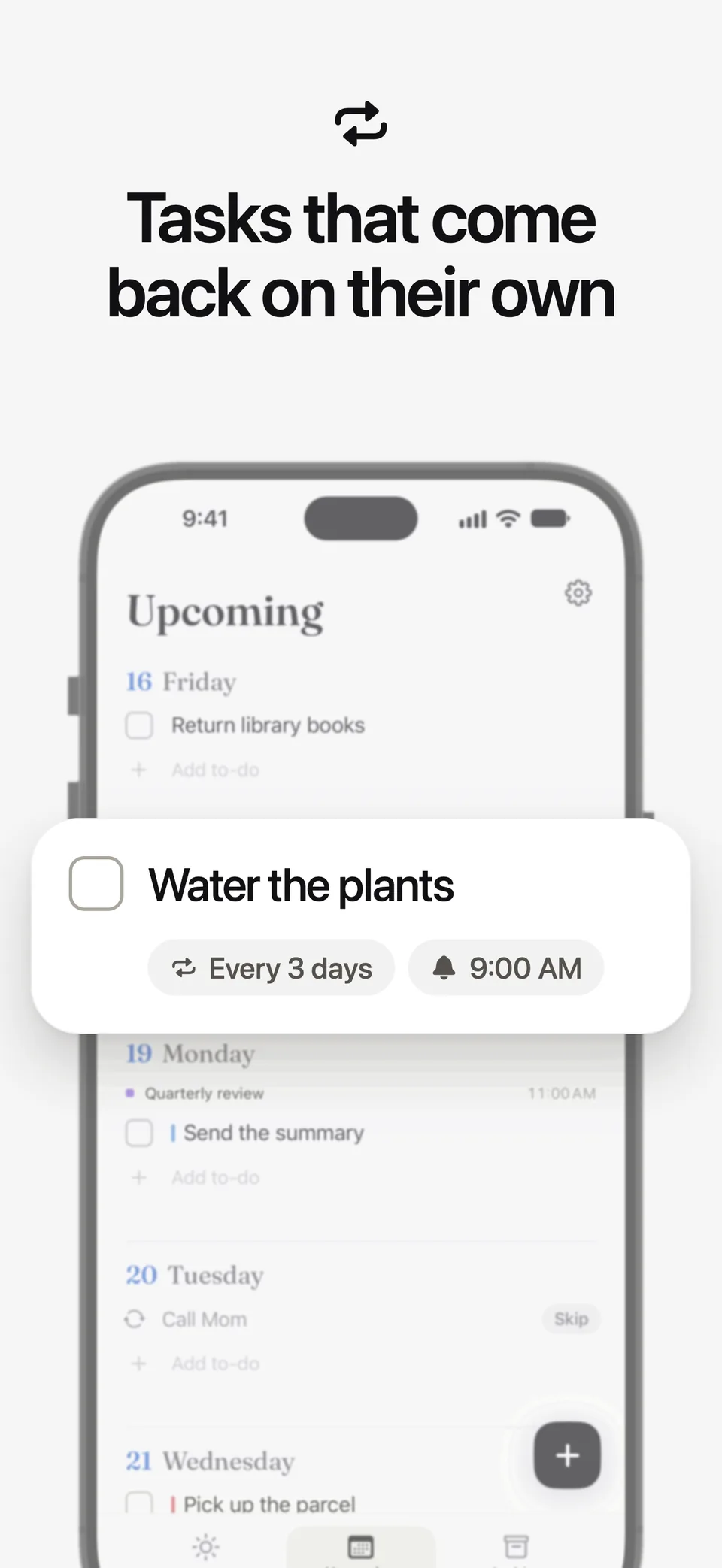 A repeating task in Lumiri Todo, Water the plants, set to every 3 days with a reminder at 9:00 AM