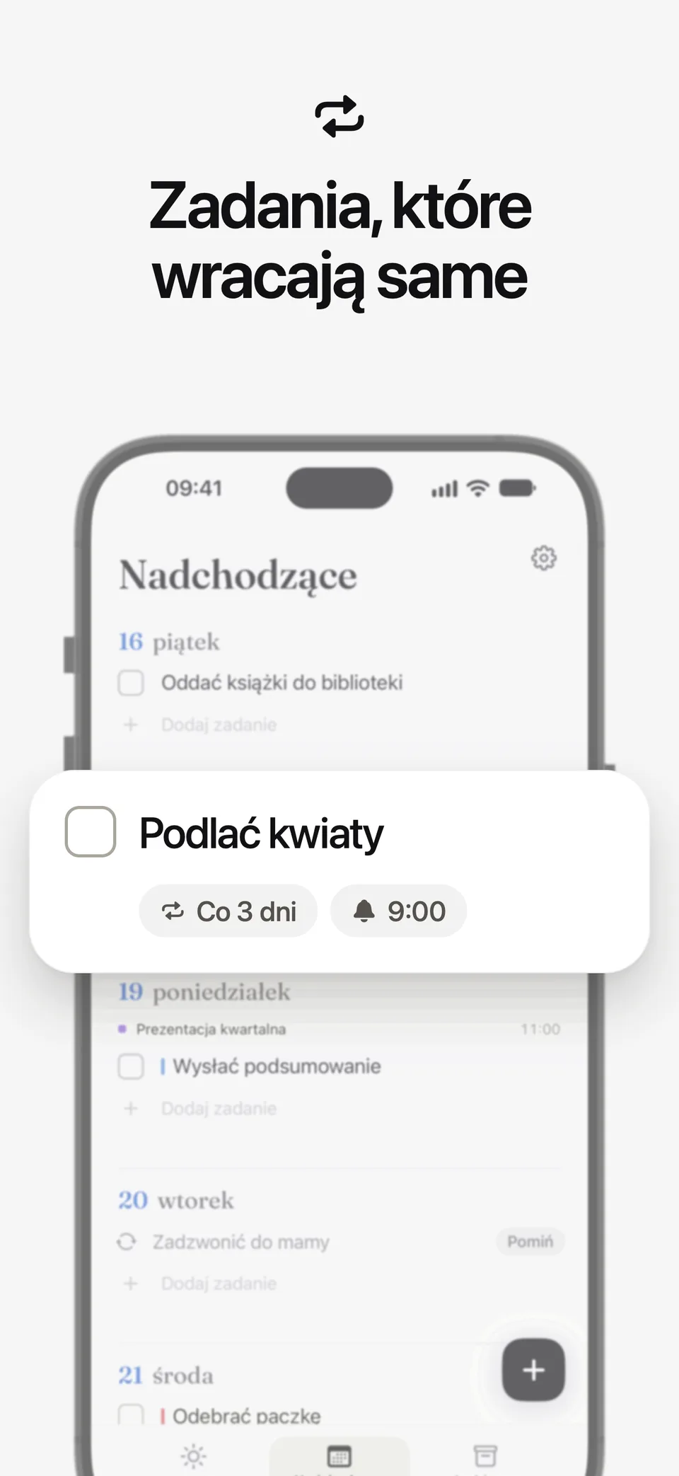 Powtarzane zadanie w Lumiri Todo, Podlać kwiaty, ustawione co 3 dni z przypomnieniem o 9:00
