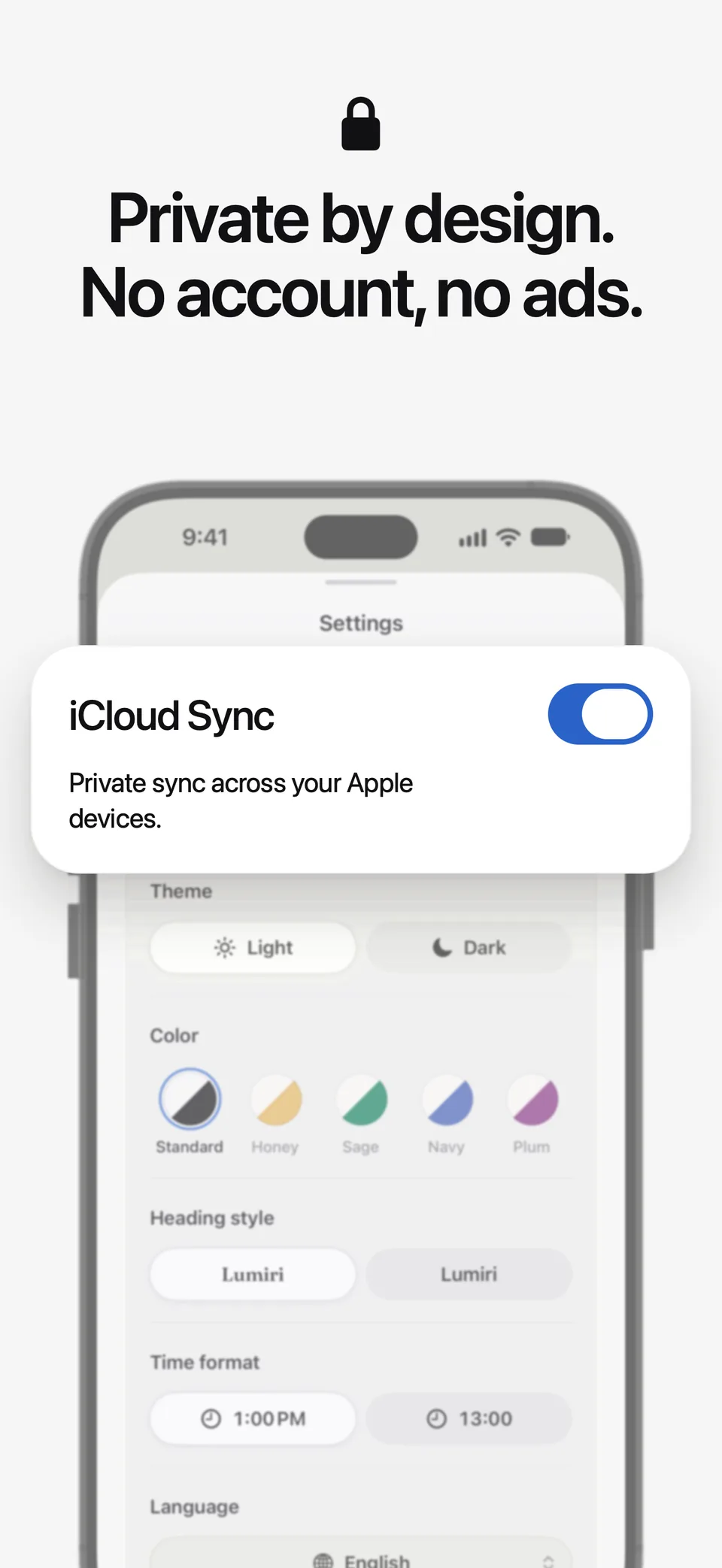 The iCloud Sync switch in Lumiri Todo’s settings: private sync across your Apple devices