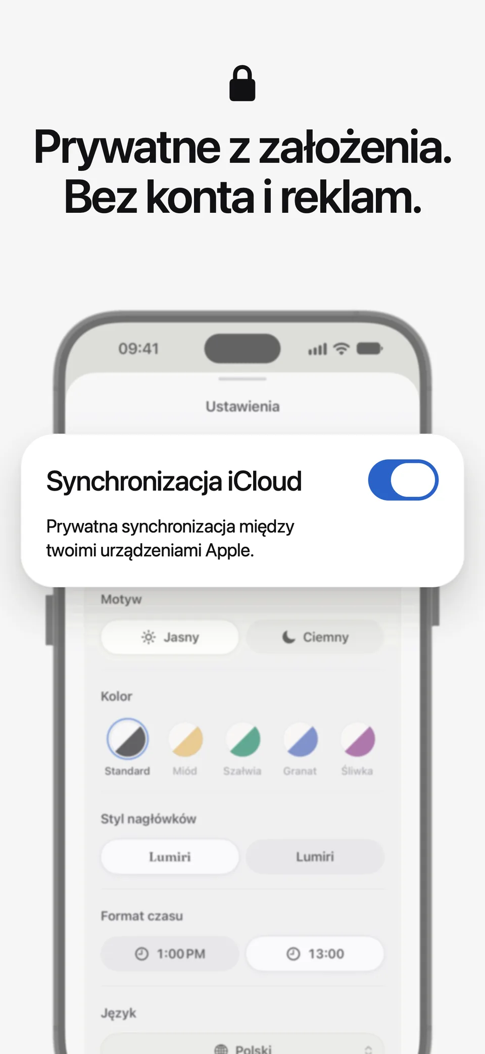Przełącznik Synchronizacja iCloud w ustawieniach Lumiri Todo: prywatna synchronizacja między Twoimi urządzeniami Apple