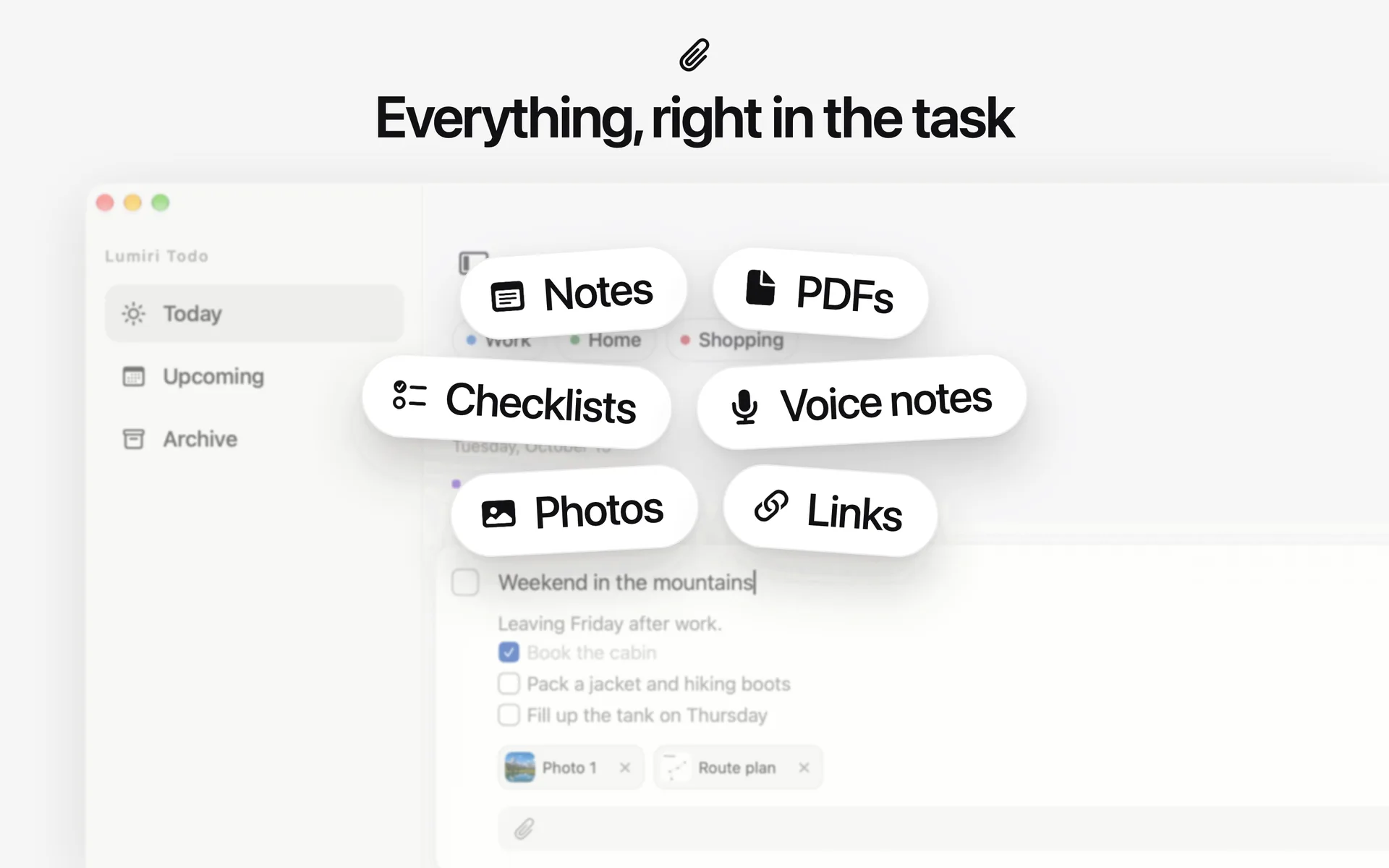 What a task in Lumiri Todo on a Mac can hold: notes, checklists, photos, PDFs, voice notes, links and reminders