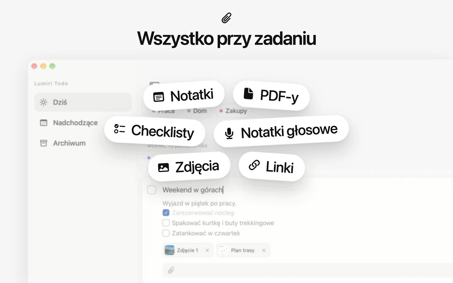 Co mieści zadanie w Lumiri Todo na Macu: notatki, checklisty, zdjęcia, PDF-y, notatki głosowe, linki i przypomnienia