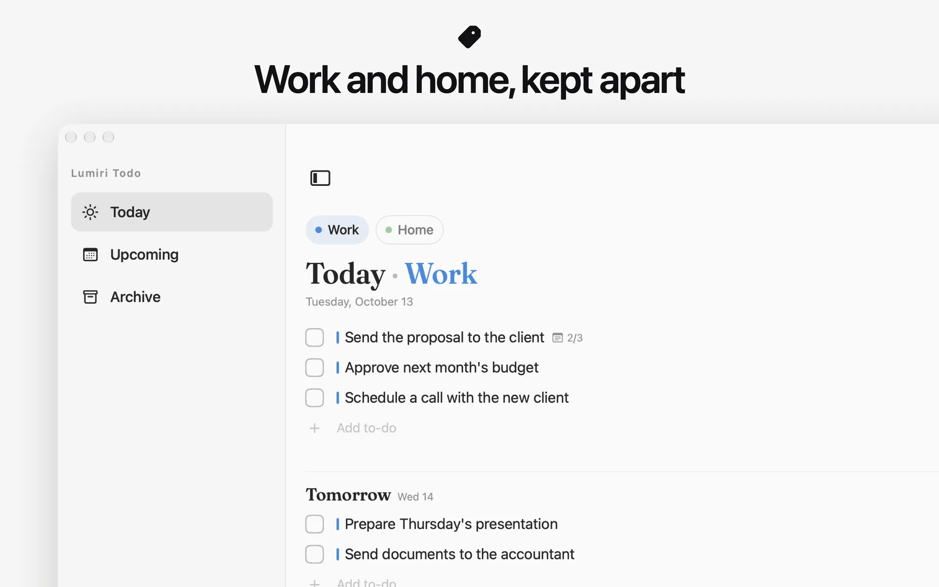 The Today list in Lumiri Todo on a Mac narrowed to the Work category