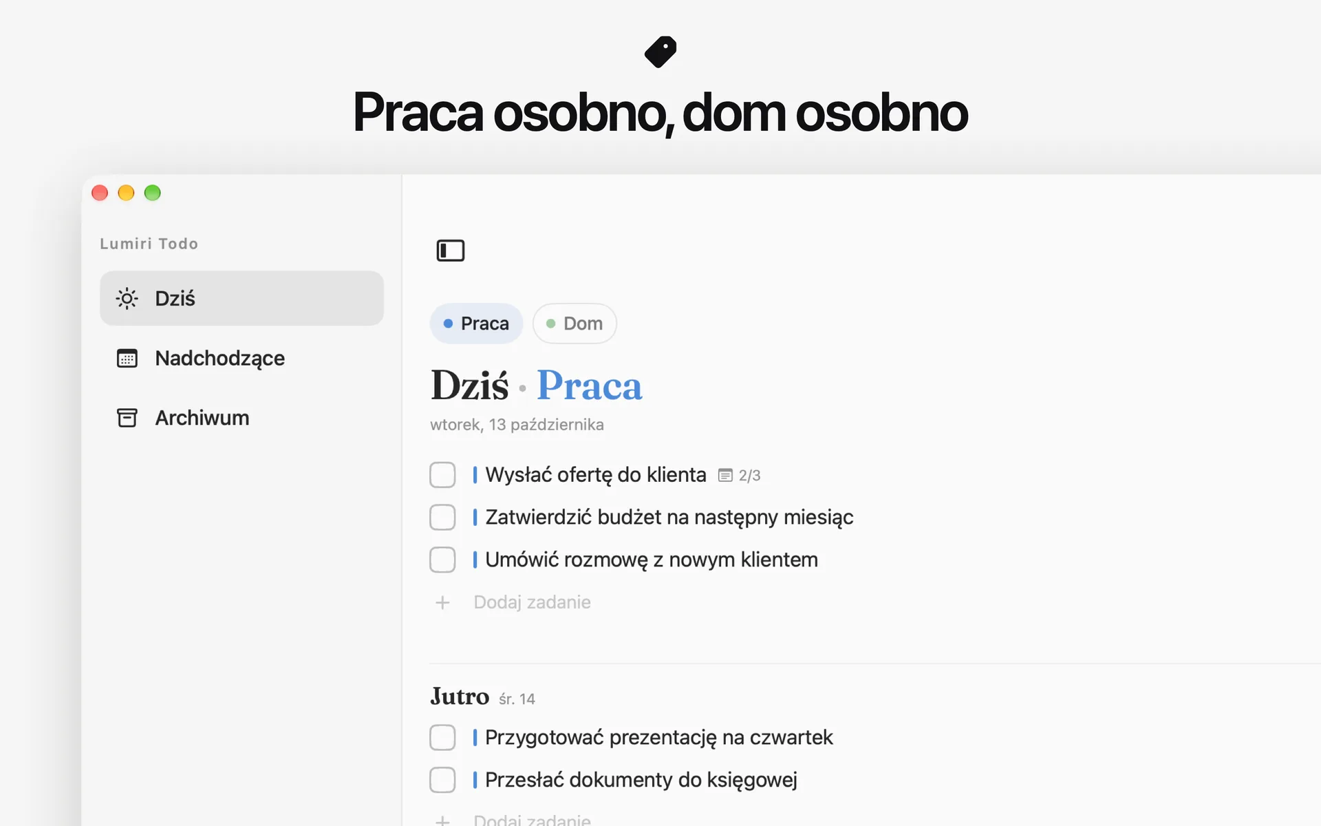Lista Dziś w Lumiri Todo na Macu zawężona do kategorii Praca
