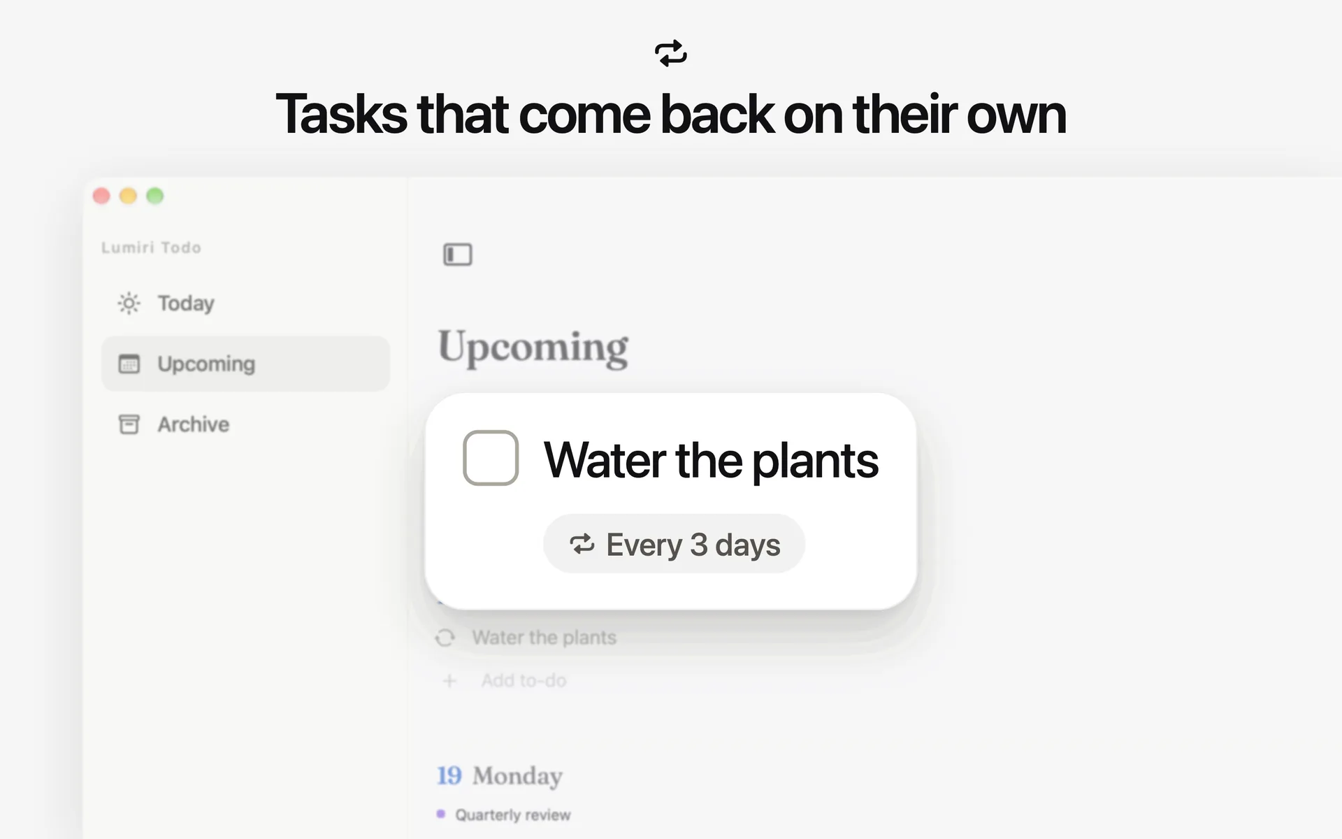 A repeating task in Lumiri Todo on a Mac, Water the plants, set to every 3 days with a reminder at 9:00 AM