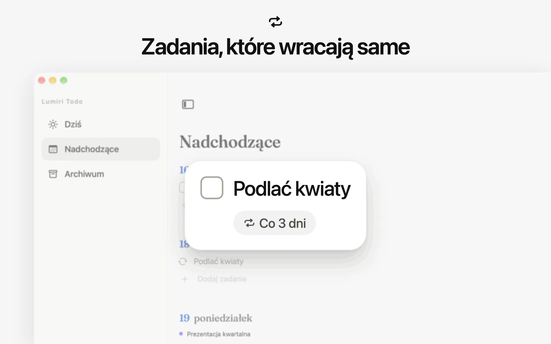 Powtarzane zadanie w Lumiri Todo na Macu, Podlać kwiaty, ustawione co 3 dni z przypomnieniem o 9:00