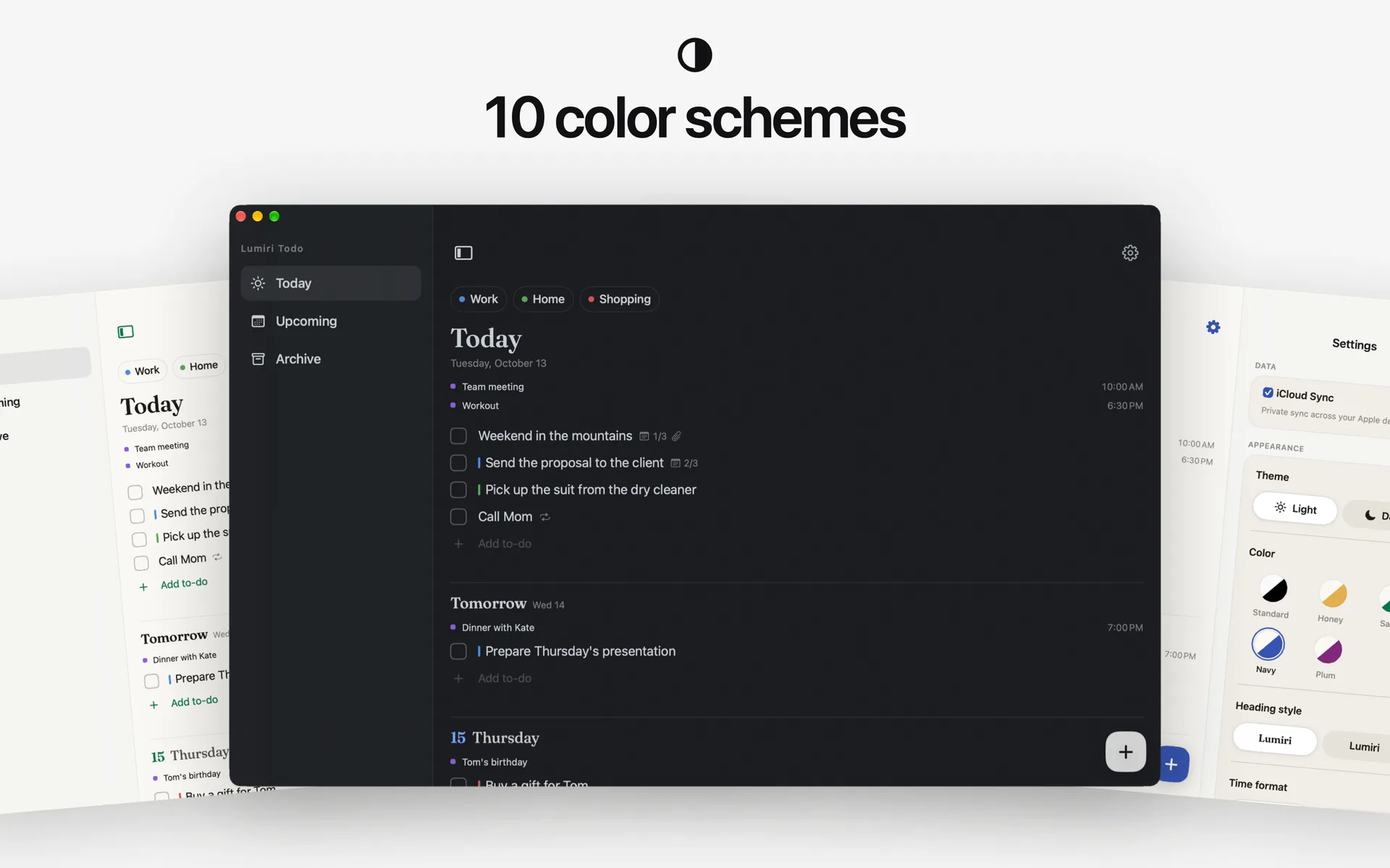 Lumiri Todo on a Mac in three of its ten styles, light and dark