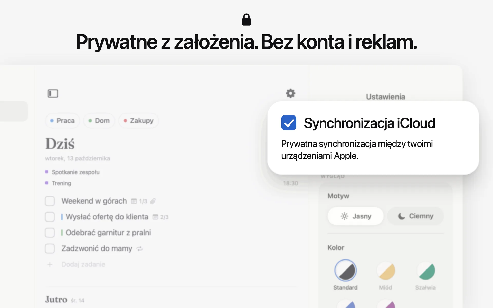 Przełącznik Synchronizacja iCloud w ustawieniach Lumiri Todo na Macu: prywatna synchronizacja między Twoimi urządzeniami Apple